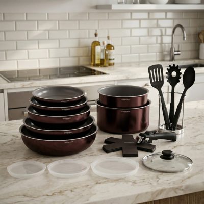 Batterie de Cuisine Arthur Martin 18 Pièces en Aluminium Tous Feux avec Ustensiles et Poignée Amovible