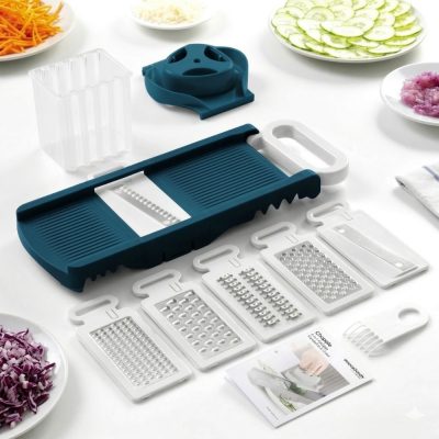 Mandoline Arthur Martin Pliable 6 en 1 en Inox avec Lames Interchangeables pour Râper et Couper les Aliments