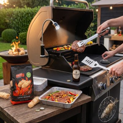 Pack Barbecue Complet 7 Pièces – Kit Ustensiles BBQ Inox avec Spatule 5-en-1, Pinces, Grille, Allume-Feux, Lampe LED