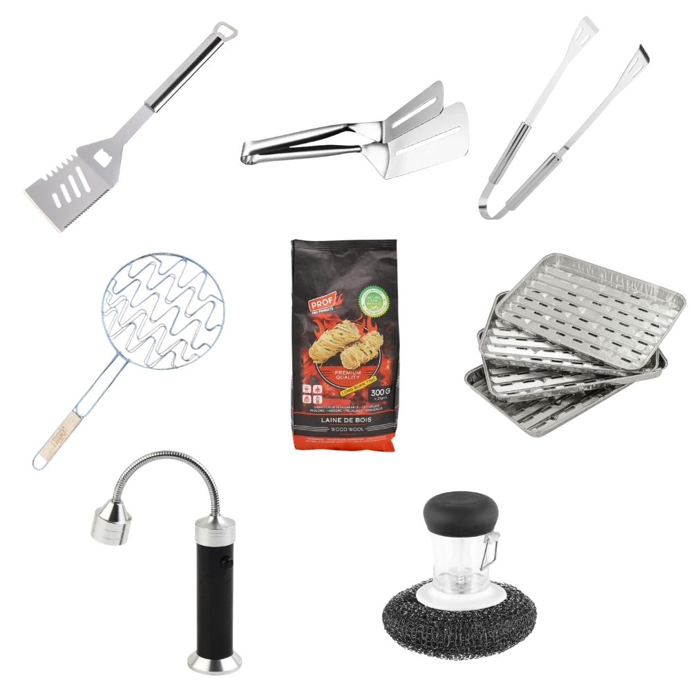 Pack Barbecue Complet 7 Pièces – Kit Ustensiles BBQ Inox avec Spatule 5-en-1, Pinces, Grille, Allume-Feux, Lampe LED – Image 2